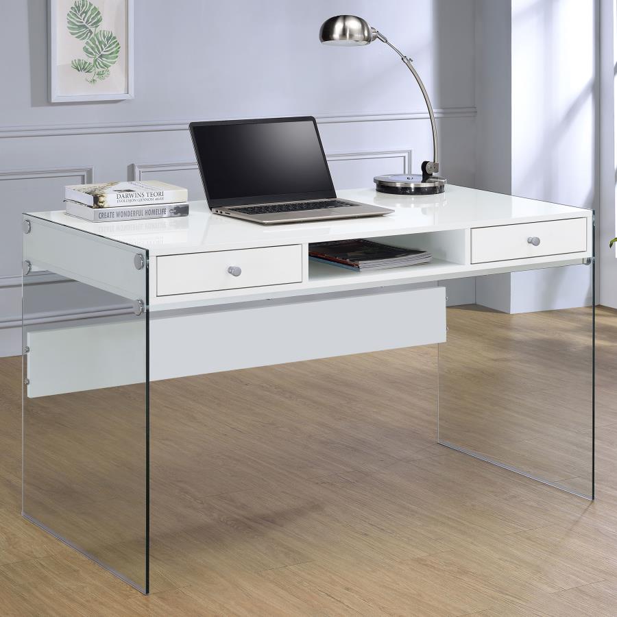 Escritorio Dobrev con 2 cajones en blanco brillante y transparente 800829