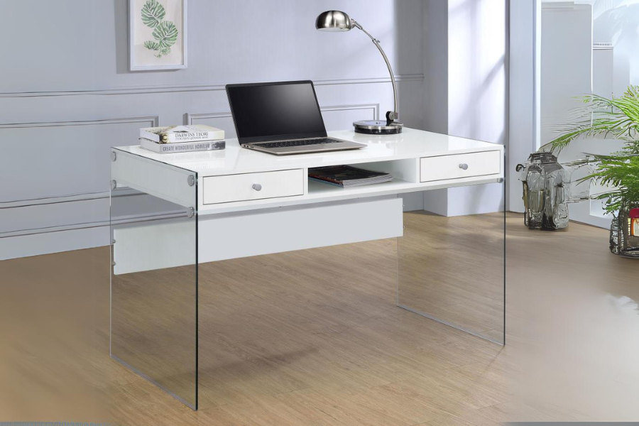Escritorio Dobrev con 2 cajones en blanco brillante y transparente 800829