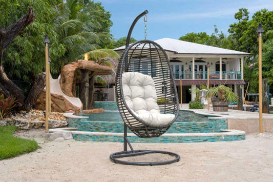 Graphite Woven Hanging Chair with off-white cushion SKU: PJO-1601-GRY-HC - Venini Furniture