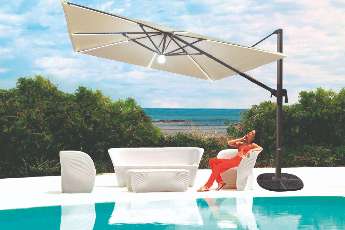 Panama Jack 11.5 FT Square LED Cantilever Umbrella with 105 lb. base - Venini Furniture