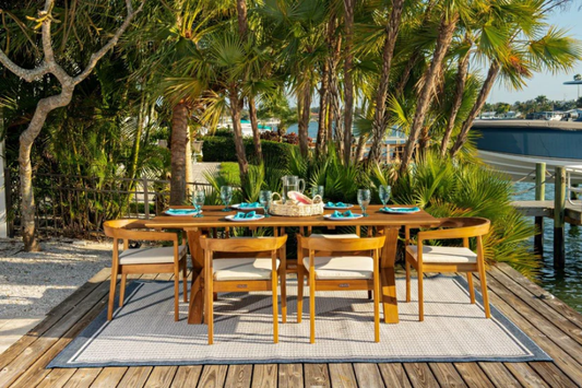 Panama Jack Bali Teak 7-Piece Rectangular Dining Table with Cushions SKU: PJO-3601-NAT-7DA-CUSH