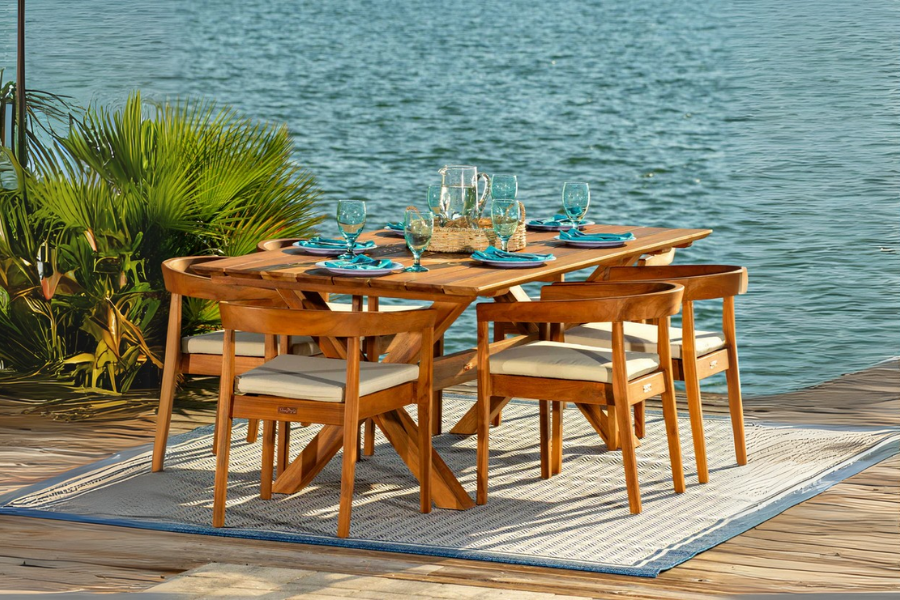 Panama Jack Bali Teak 7-Piece Rectangular Dining Table with Cushions SKU: PJO-3601-NAT-7DA-CUSH