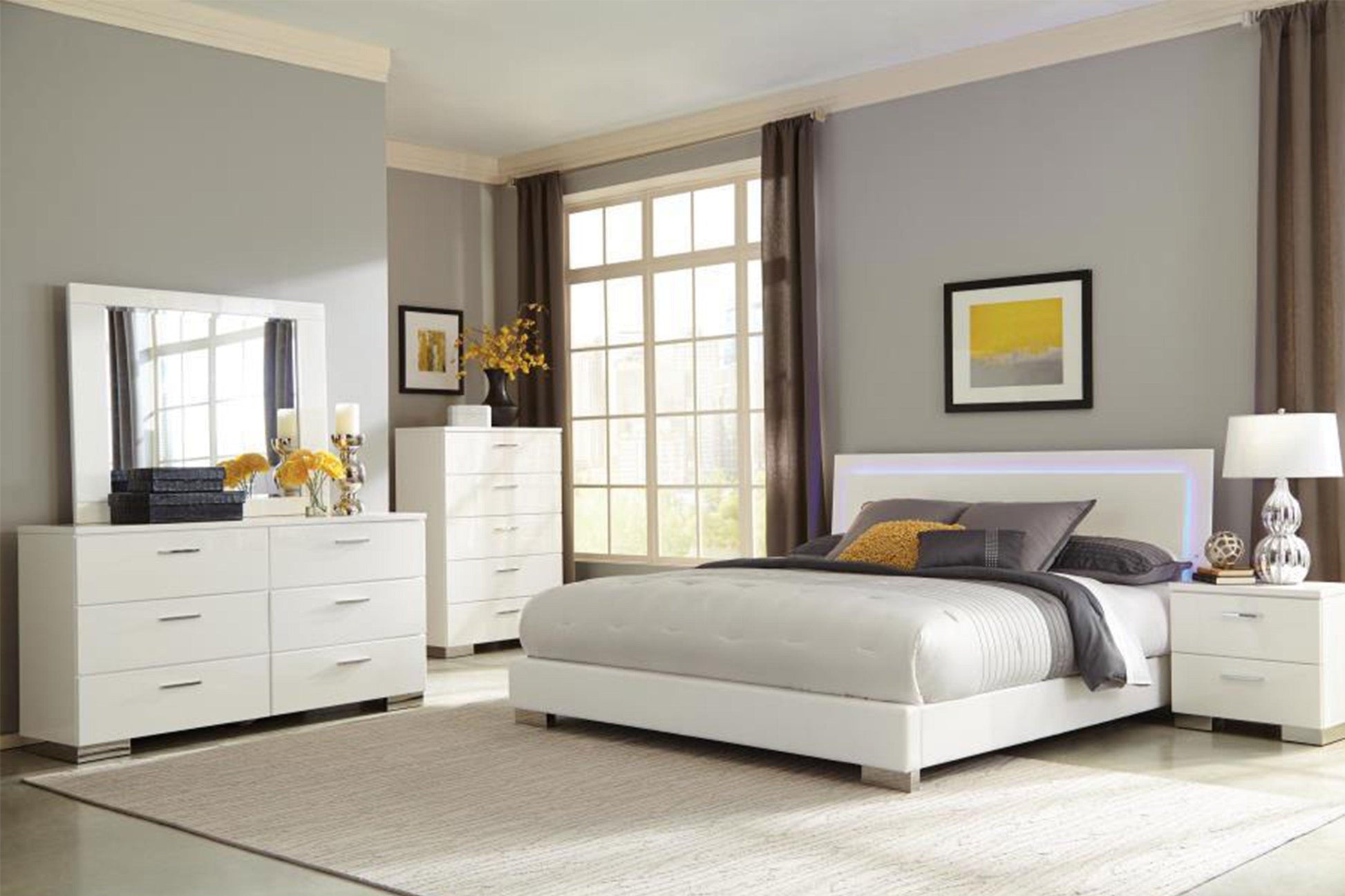 5Pc Contemporary LED Bedroom Set Glossy White Model # 18203500Q-S5